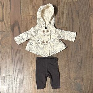 Cream Botanical Hooded Baby Coat with Black Leggings